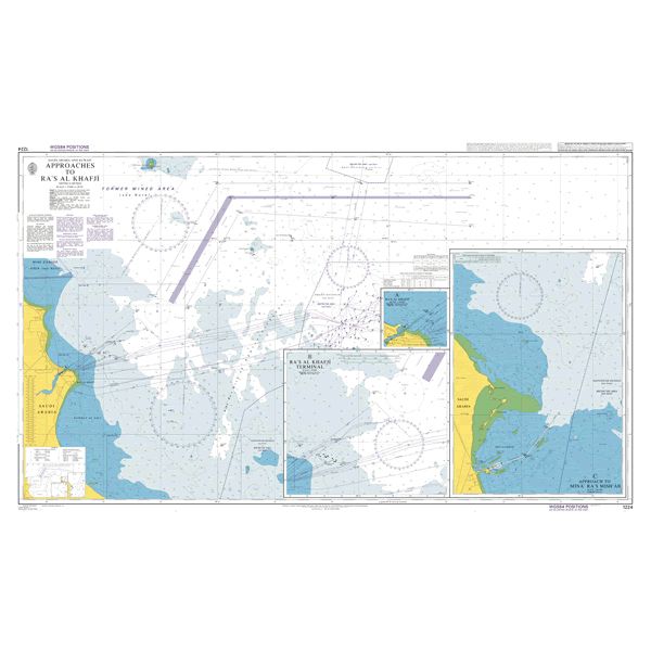 Product image of Admiralty Chart 1224 | Approaches to Ra's Al Khafji, featuring navigational markings, depth soundings, and coastal features, essential for safe marine navigation. It could be displayed as an art piece or used for navigation on a boat or ship.