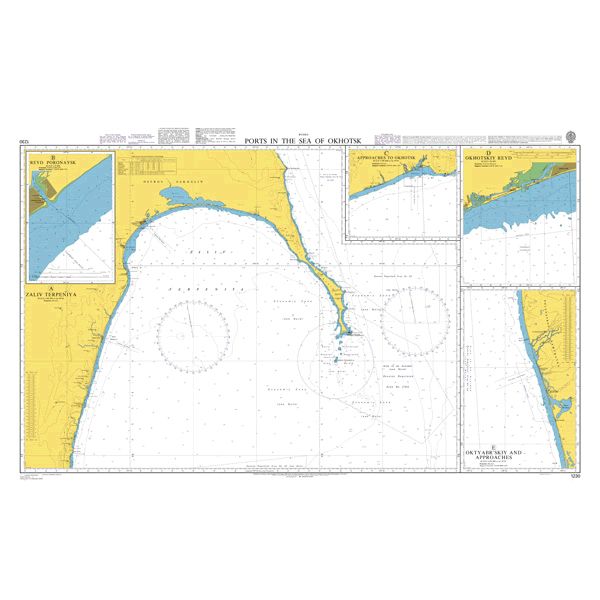 Product image of Admiralty Chart 1230 | Ports in the Sea of Okhotsk, featuring navigational markings, depth soundings, and coastal features, essential for safe marine navigation. It could be displayed as an art piece or used for navigation on a boat or ship.