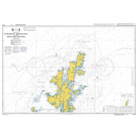 Product image of Admiralty Chart 1233 | Northern Approaches to the Shetland Islands, featuring navigational markings, depth soundings, and coastal features, essential for safe marine navigation. It could be displayed as an art piece or used for navigation on a boat or ship.