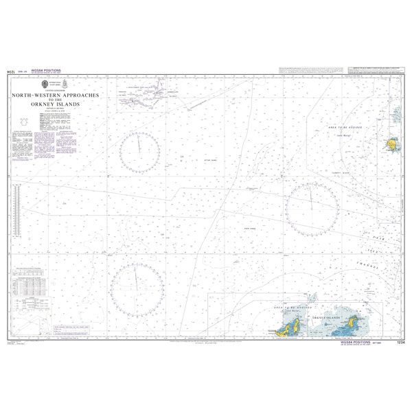 Product image of Admiralty Chart 1234 | North - Western Approaches to the Orkney Islands, featuring navigational markings, depth soundings, and coastal features, essential for safe marine navigation. It could be displayed as an art piece or used for navigation on a boat or ship.