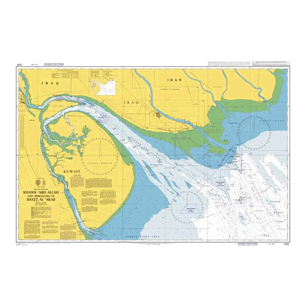 Product image of Admiralty Chart 1235 | Khawr `Abd Allah and Approaches to Shatt al `Arab or Arvand Rud, featuring navigational markings, depth soundings, and coastal features, essential for safe marine navigation. It could be displayed as an art piece or used for navigation on a boat or ship.