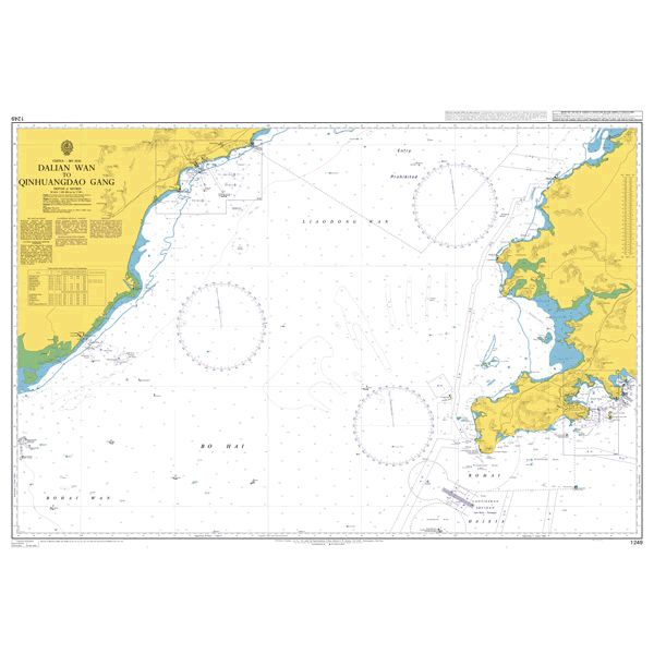 Product image of Admiralty Chart 1249 | Dalian Wan to Qinhuangdao Gang, featuring navigational markings, depth soundings, and coastal features, essential for safe marine navigation. It could be displayed as an art piece or used for navigation on a boat or ship.