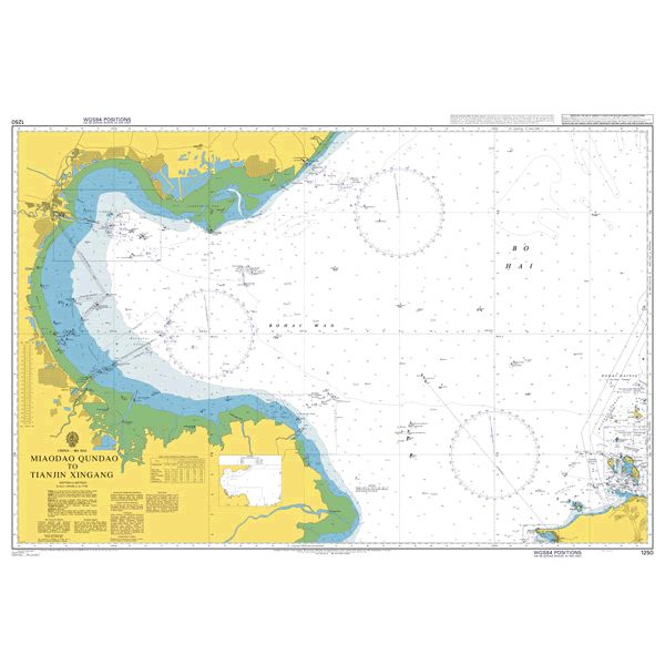 Product image of Admiralty Chart 1250 | Miaodao Qundao to Tianjin Gang, featuring navigational markings, depth soundings, and coastal features, essential for safe marine navigation. It could be displayed as an art piece or used for navigation on a boat or ship.