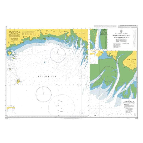 Product image of Admiralty Chart 1251 | Dadong Gangqu and Approaches, featuring navigational markings, depth soundings, and coastal features, essential for safe marine navigation. It could be displayed as an art piece or used for navigation on a boat or ship.