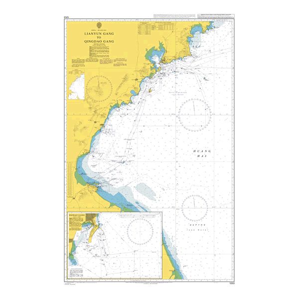 Product image of Admiralty Chart 1253 | Lianyungang to Qingdao Gang, featuring navigational markings, depth soundings, and coastal features, essential for safe marine navigation. It could be displayed as an art piece or used for navigation on a boat or ship.