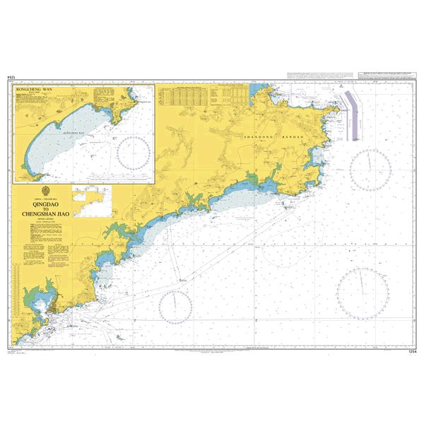 Product image of Admiralty Chart 1254 | Qingdao to Chengshan Jiao, featuring navigational markings, depth soundings, and coastal features, essential for safe marine navigation. It could be displayed as an art piece or used for navigation on a boat or ship.