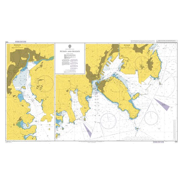 Product image of Admiralty Chart 1259 | Busan and Masan, featuring navigational markings, depth soundings, and coastal features, essential for safe marine navigation. It could be displayed as an art piece or used for navigation on a boat or ship.