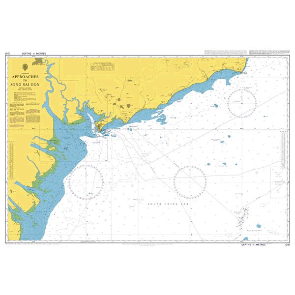 Product image of Admiralty Chart 1261 | Approaches to Song Sai Gon, featuring navigational markings, depth soundings, and coastal features, essential for safe marine navigation. It could be displayed as an art piece or used for navigation on a boat or ship.