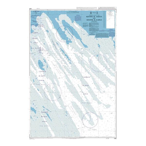 Product image of Admiralty Chart 1265 | Khawr al Amaya and Khawr al Kafka, featuring navigational markings, depth soundings, and coastal features, essential for safe marine navigation. It could be displayed as an art piece or used for navigation on a boat or ship.