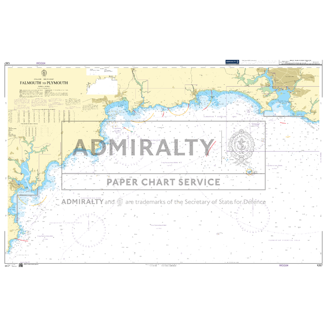 Product image of Admiralty Chart 1267 | Falmouth to Plymouth, featuring navigational markings, depth soundings, and coastal features, essential for safe marine navigation. It could be displayed as an art piece or used for navigation on a boat or ship.