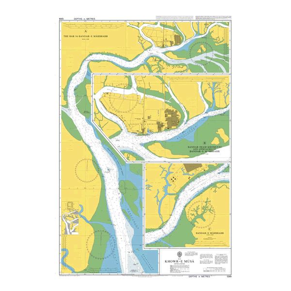 Product image of Admiralty Chart 1269 | Khowr-e Musa, featuring navigational markings, depth soundings, and coastal features, essential for safe marine navigation. It could be displayed as an art piece or used for navigation on a boat or ship.