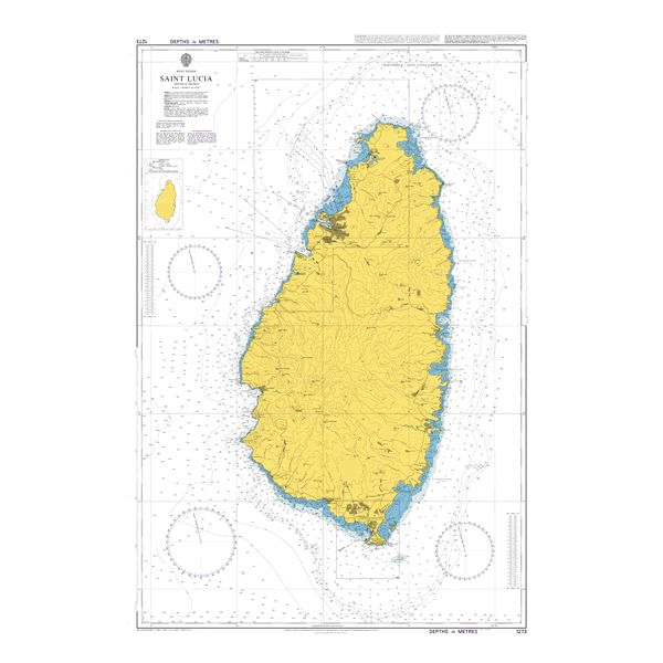 Product image of Admiralty Chart 1273 | Saint Lucia, featuring navigational markings, depth soundings, and coastal features, essential for safe marine navigation. It could be displayed as an art piece or used for navigation on a boat or ship.