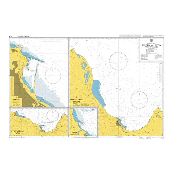 Product image of Admiralty Chart 1274 | Samsun and Fatsa with Approaches, featuring navigational markings, depth soundings, and coastal features, essential for safe marine navigation. It could be displayed as an art piece or used for navigation on a boat or ship.