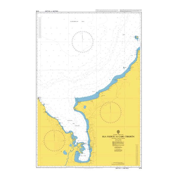 Product image of Admiralty Chart 1278 | Isla Fuerte to Cabo Tiburon including Golfo de Uraba, featuring navigational markings, depth soundings, and coastal features, essential for safe marine navigation. It could be displayed as an art piece or used for navigation on a boat or ship.