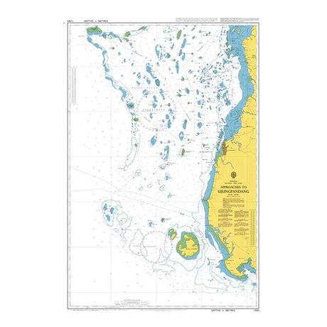 Product image of Admiralty Chart 1293 | Approaches to Makassar, featuring navigational markings, depth soundings, and coastal features, essential for safe marine navigation. It could be displayed as an art piece or used for navigation on a boat or ship.