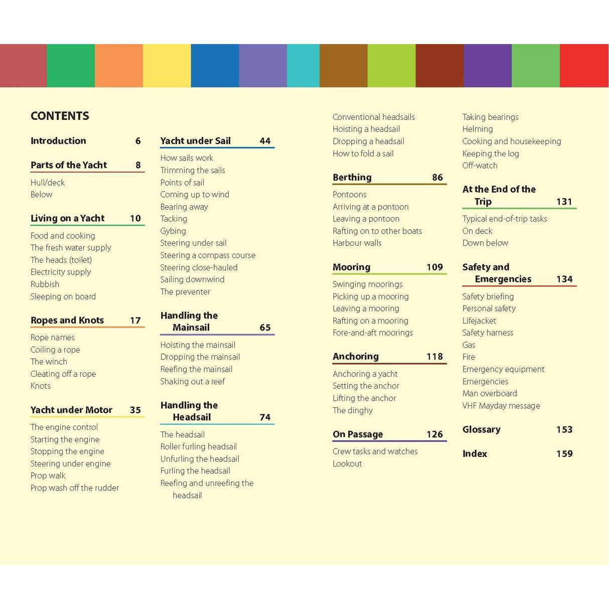 The Reeds Crew Handbook by Reeds is an essential yacht crew guide, featuring a table of contents with sections and page numbers covering yacht operations like yacht parts, ropes and knots, mainsail handling, berthing, mooring, anchoring, emergency procedures, and a glossary for sailing enthusiasts.