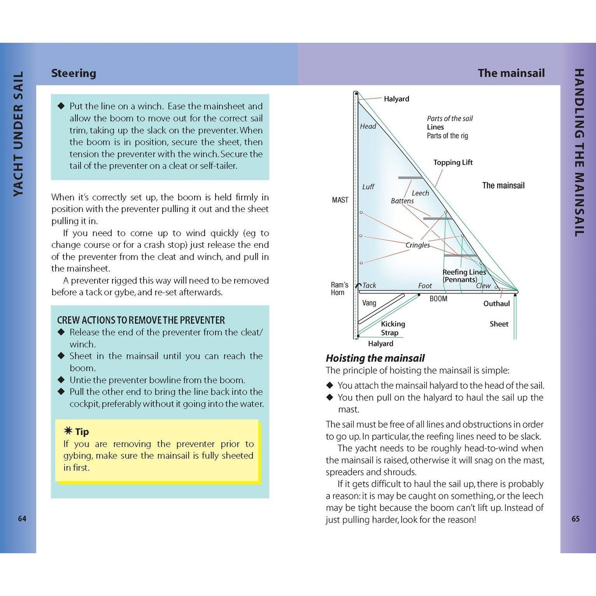 The Reeds Crew Handbook by Reeds features a two-page sailing primer: the left page covers 'Steering' with steps and tips, while the right focuses on 'The mainsail', detailing parts and hoisting instructions. Each page is organized into sections with clear headings.