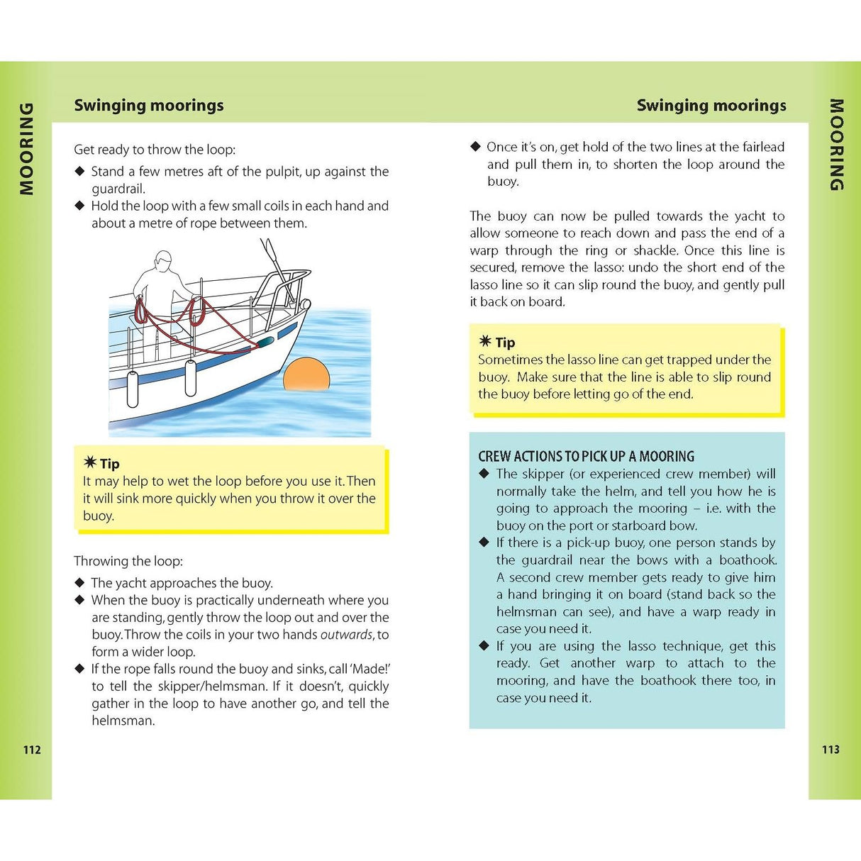 Image of a mooring guide: Left page shows a person on a boat with a pole, featuring swinging moorings tips. Right page resembles the Reeds Crew Handbook by Reeds, highlighting tips and crew actions for picking up a mooring, with green headers and bullet points.