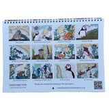 The Hannah Wisdom Coastal Calendar 2026 by Hannah Wisdom Textiles features twelve textile art images of sea creatures and birds sewn on vintage sea charts, including seal, puffins, octopus, mackerel, otter, crab, squid, owl, seahorses, and hake.