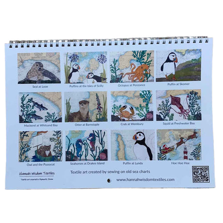 The Hannah Wisdom Coastal Calendar 2026 by Hannah Wisdom Textiles features twelve textile art images of sea creatures and birds sewn on vintage sea charts, including seal, puffins, octopus, mackerel, otter, crab, squid, owl, seahorses, and hake.
