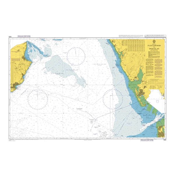 Product image of Admiralty Chart 1320 | Fleetwood to Douglas, featuring navigational markings, depth soundings, and coastal features, essential for safe marine navigation. It could be displayed as an art piece or used for navigation on a boat or ship.