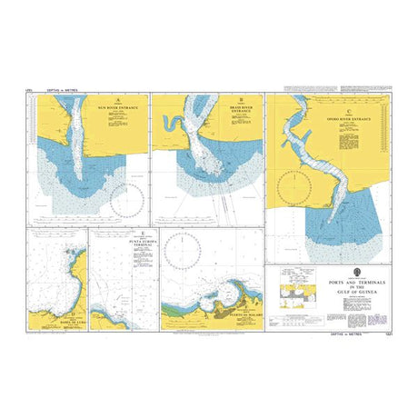 Product image of Admiralty Chart 1321 | Ports and Terminals in the Gulf of Guinea, featuring navigational markings, depth soundings, and coastal features, essential for safe marine navigation. It could be displayed as an art piece or used for navigation on a boat or ship.