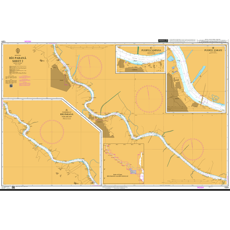 Product image of Admiralty Chart 1324 | Rio Parana Sheet 2, featuring navigational markings, depth soundings, and coastal features, essential for safe marine navigation. It could be displayed as an art piece or used for navigation on a boat or ship.