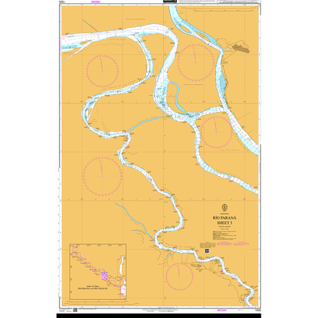 Product image of Admiralty Chart 1325 | Rio Parana Sheet 3, featuring navigational markings, depth soundings, and coastal features, essential for safe marine navigation. It could be displayed as an art piece or used for navigation on a boat or ship.