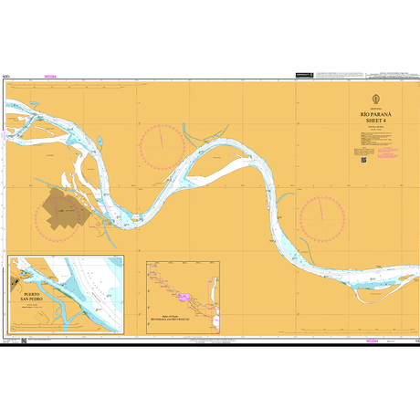 Product image of Admiralty Chart 1326 | Rio Parana Sheet 4, featuring navigational markings, depth soundings, and coastal features, essential for safe marine navigation. It could be displayed as an art piece or used for navigation on a boat or ship.