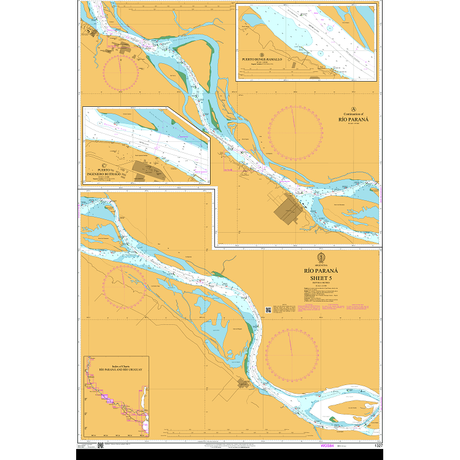 Product image of Admiralty Chart 1327 | Rio Parana Sheet 5, featuring navigational markings, depth soundings, and coastal features, essential for safe marine navigation. It could be displayed as an art piece or used for navigation on a boat or ship.