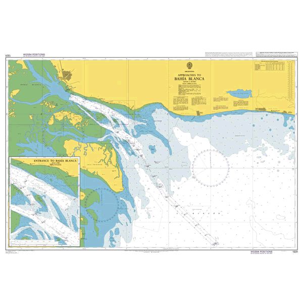 Product image of Admiralty Chart 1331 | Approaches to Bahia Blanca, featuring navigational markings, depth soundings, and coastal features, essential for safe marine navigation. It could be displayed as an art piece or used for navigation on a boat or ship.