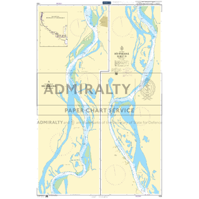 Product image of Admiralty Chart 1335 | Rio Parana Sheet 9, featuring navigational markings, depth soundings, and coastal features, essential for safe marine navigation. It could be displayed as an art piece or used for navigation on a boat or ship.