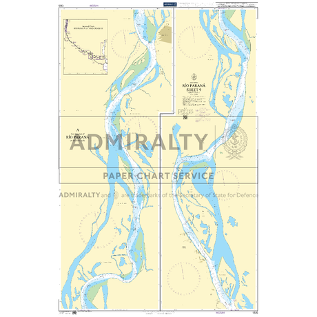 Product image of Admiralty Chart 1335 | Rio Parana Sheet 9, featuring navigational markings, depth soundings, and coastal features, essential for safe marine navigation. It could be displayed as an art piece or used for navigation on a boat or ship.