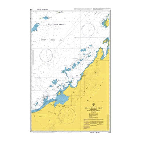 Product image of Admiralty Chart 1338 | Seria to Balabac Strait including Investigator Shoal, featuring navigational markings, depth soundings, and coastal features, essential for safe marine navigation. It could be displayed as an art piece or used for navigation on a boat or ship.