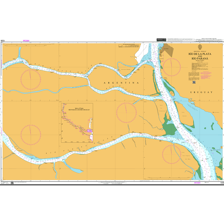 Product image of Admiralty Chart 1339 | Rio de la Plata and Rio Parana, featuring navigational markings, depth soundings, and coastal features, essential for safe marine navigation. It could be displayed as an art piece or used for navigation on a boat or ship.