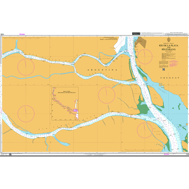 Product image of Admiralty Chart 1339 | Rio de la Plata and Rio Parana, featuring navigational markings, depth soundings, and coastal features, essential for safe marine navigation. It could be displayed as an art piece or used for navigation on a boat or ship.