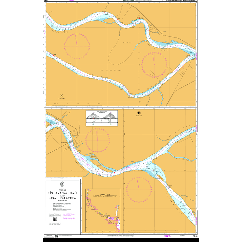 Product image of Admiralty Chart 1340 | Rio Parana Guazu and Pasaje Talavera, featuring navigational markings, depth soundings, and coastal features, essential for safe marine navigation. It could be displayed as an art piece or used for navigation on a boat or ship.