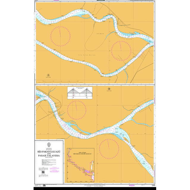 Product image of Admiralty Chart 1340 | Rio Parana Guazu and Pasaje Talavera, featuring navigational markings, depth soundings, and coastal features, essential for safe marine navigation. It could be displayed as an art piece or used for navigation on a boat or ship.