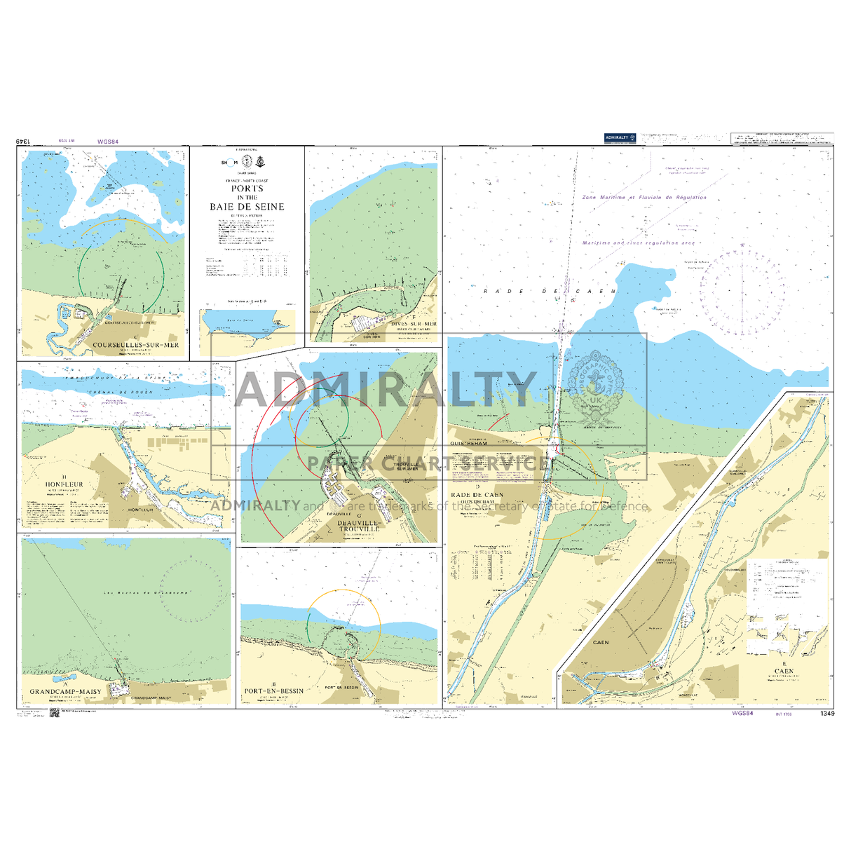 Product image of Admiralty Chart 1349 | Ports in the Baie de Seine, featuring navigational markings, depth soundings, and coastal features, essential for safe marine navigation. It could be displayed as an art piece or used for navigation on a boat or ship.