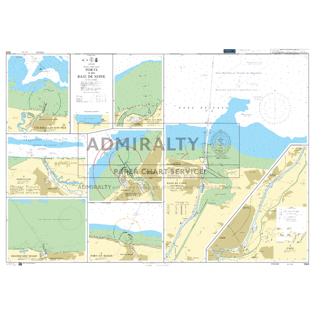 Product image of Admiralty Chart 1349 | Ports in the Baie de Seine, featuring navigational markings, depth soundings, and coastal features, essential for safe marine navigation. It could be displayed as an art piece or used for navigation on a boat or ship.