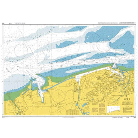 Product image of Admiralty Chart 1350 | Dunkerque and Approaches, featuring navigational markings, depth soundings, and coastal features, essential for safe marine navigation. It could be displayed as an art piece or used for navigation on a boat or ship.