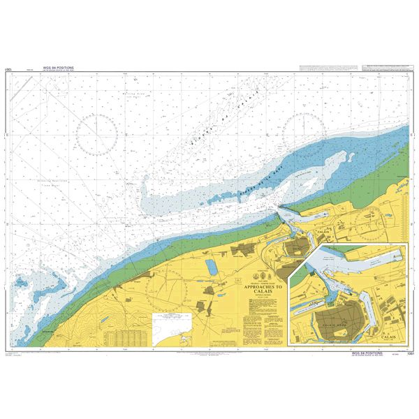 Product image of Admiralty Chart 1351 | Approaches to Calais, featuring navigational markings, depth soundings, and coastal features, essential for safe marine navigation. It could be displayed as an art piece or used for navigation on a boat or ship.