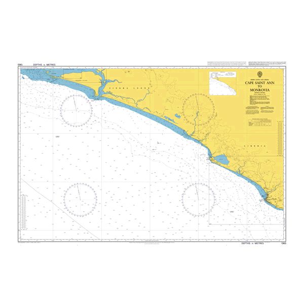 Product image of Admiralty Chart 1363 | Cape Saint Ann to Monrovia, featuring navigational markings, depth soundings, and coastal features, essential for safe marine navigation. It could be displayed as an art piece or used for navigation on a boat or ship.