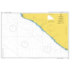 Product image of Admiralty Chart 1364 | Monrovia to Greenville, featuring navigational markings, depth soundings, and coastal features, essential for safe marine navigation. It could be displayed as an art piece or used for navigation on a boat or ship.