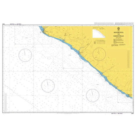 Product image of Admiralty Chart 1364 | Monrovia to Greenville, featuring navigational markings, depth soundings, and coastal features, essential for safe marine navigation. It could be displayed as an art piece or used for navigation on a boat or ship.