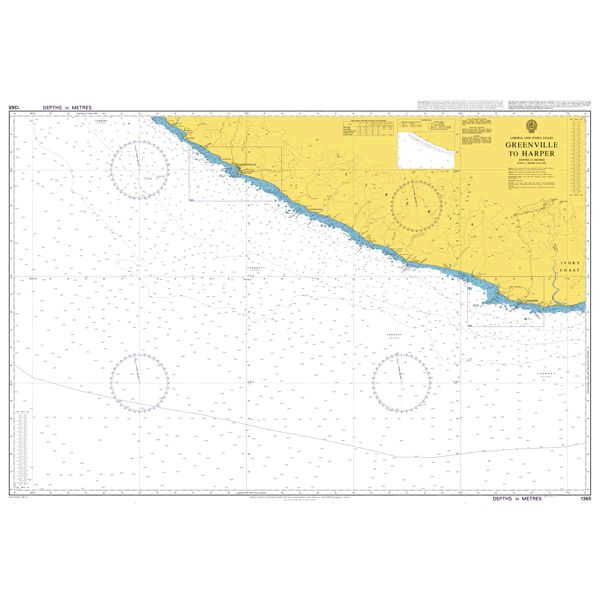 Product image of Admiralty Chart 1365 | Greenville to Harper, featuring navigational markings, depth soundings, and coastal features, essential for safe marine navigation. It could be displayed as an art piece or used for navigation on a boat or ship.