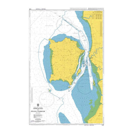 Product image of Admiralty Chart 1366 | Approaches to Pelabuhan Pulau Pinang, featuring navigational markings, depth soundings, and coastal features, essential for safe marine navigation. It could be displayed as an art piece or used for navigation on a boat or ship.