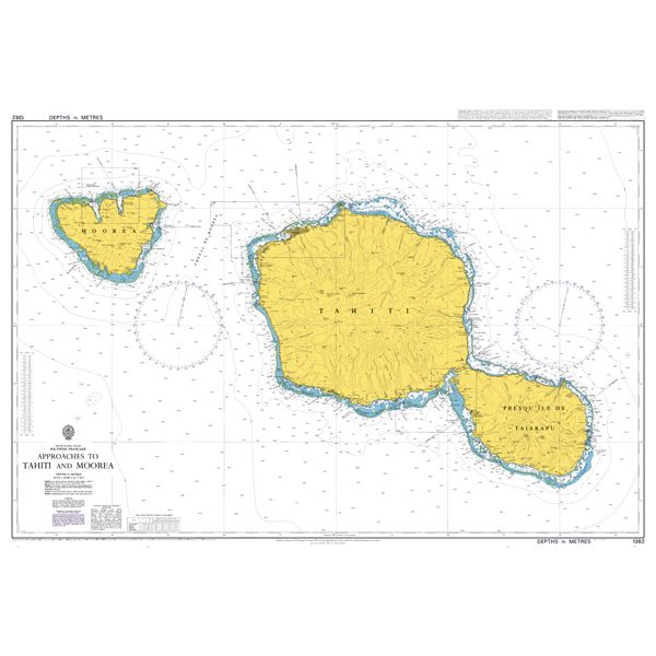 Product image of Admiralty Chart 1382 | Approaches to Tahiti and Moorea, featuring navigational markings, depth soundings, and coastal features, essential for safe marine navigation. It could be displayed as an art piece or used for navigation on a boat or ship.