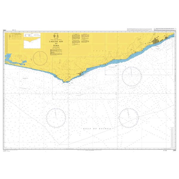 Product image of Admiralty Chart 1383 | Lagune Aby to Tema, featuring navigational markings, depth soundings, and coastal features, essential for safe marine navigation. It could be displayed as an art piece or used for navigation on a boat or ship.