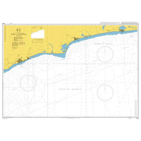 Product image of Admiralty Chart 1384 | Tema to Cotonou, featuring navigational markings, depth soundings, and coastal features, essential for safe marine navigation. It could be displayed as an art piece or used for navigation on a boat or ship.